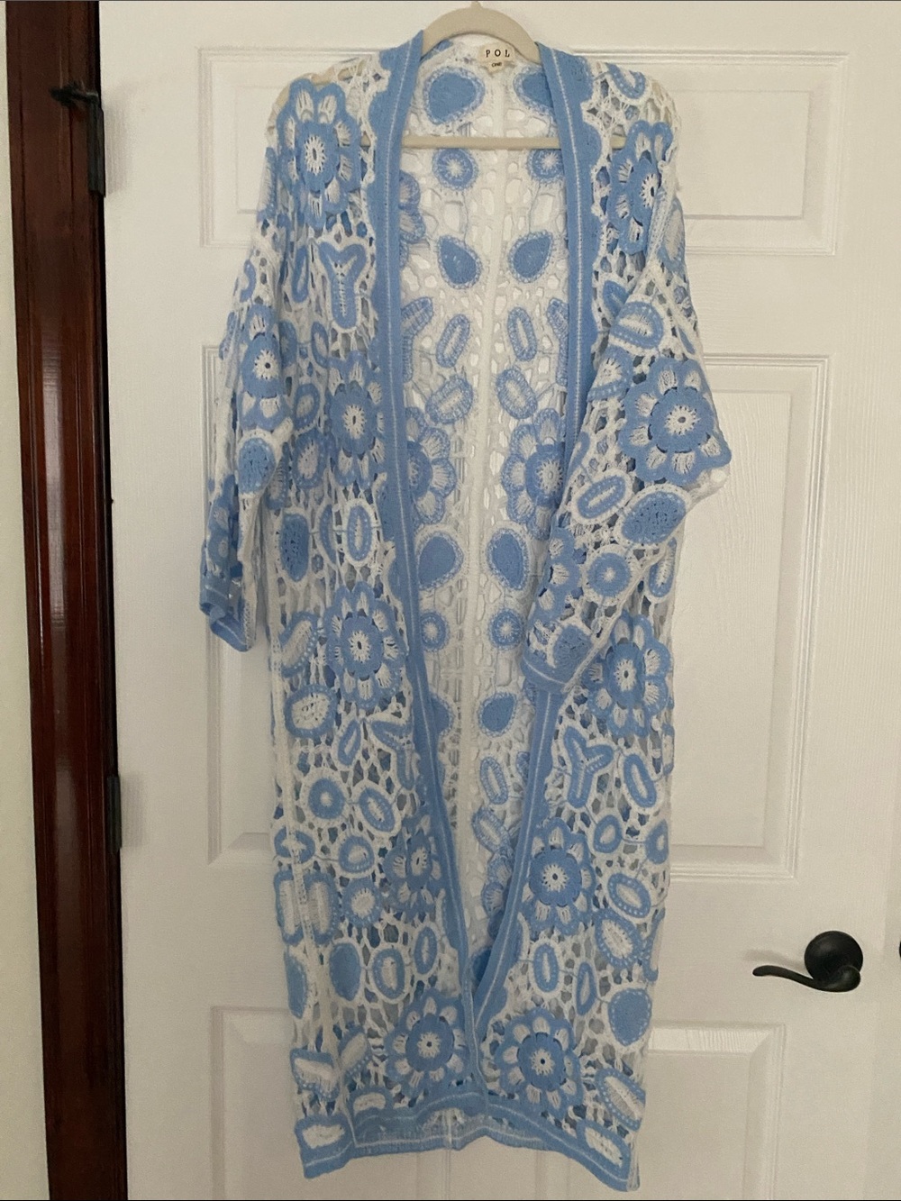 POL Blue & White Crochet Longline Open-Front Vest